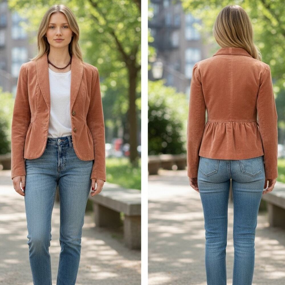 J. Crew Velvet Velour Blazer Jacket Peplum Rouching Peach Size 0 Y2K Style 17306